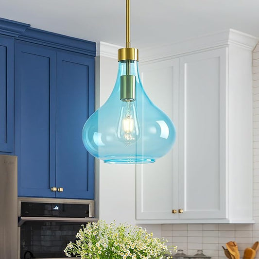 Modern Glass Pendant Light 9.44 in Light Blue Glass Shade Gold Farmhouse Island Pendant Lights for Kitchen Pendant Lighting Over Sink Bedroom Dining Room