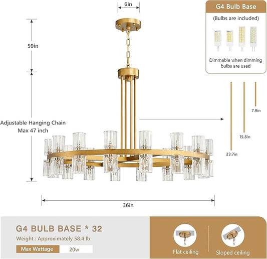 36" Gold Wagon Wheel Crystal Chandelier for Dining Room Over Table, Modern Round K9 Crystal Ceiling Chandelier Pendant Light Ideal for Living Room Entryway Foyer