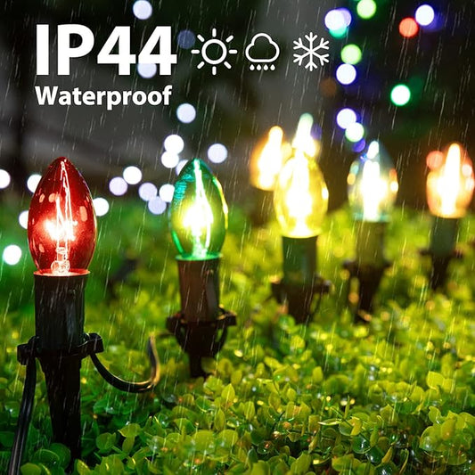 C9 Christmas Pathway String Lights, 2 Pack 25.7 Ft C9 20 Lights with 20 Multicolored Glass Bulbs and 20 Stakes Connectable Waterproof for Outdoor Indoor Xmas Party Holiday Decoration, Multicolor