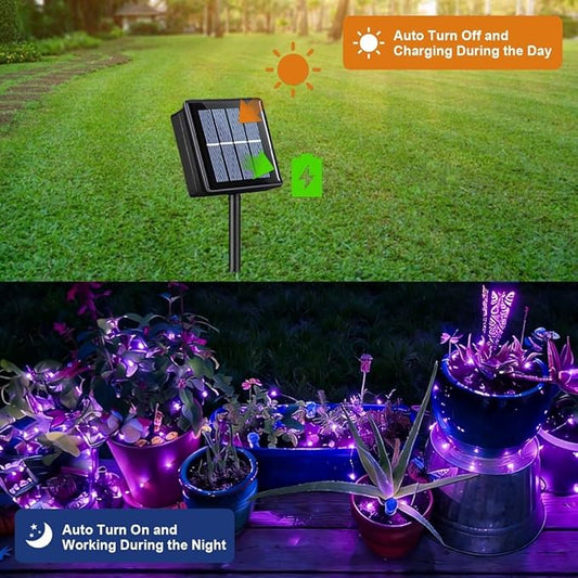 QITONG Solar Fairy Lights Outdoor Waterproof, 2 Pack Each 66ft 200 LED Purple Christmas String Lights, Silver Wire Twinkle Mini Lights with 8 Modes