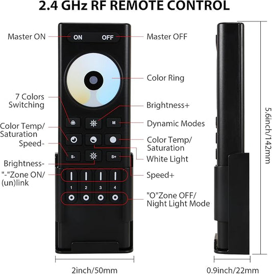 RC02RFB RF Remoter, 4-Zone 2.4G Handheld RF Remote Control Compatible with CCT LED Controller, 99ft Wireless Control 4 Channel Group Control for Home CCT LED Strip Lights