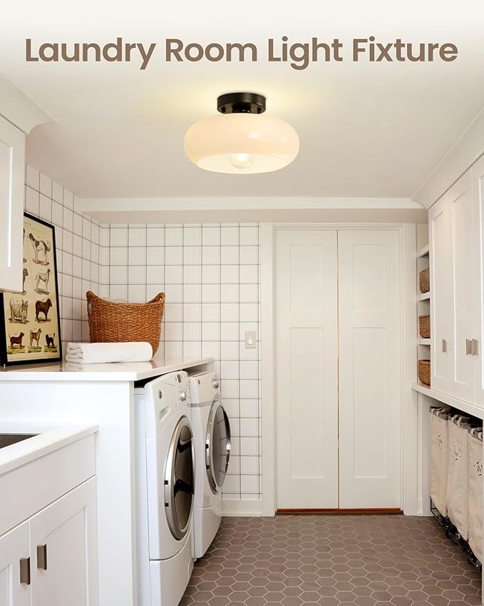 Yunnix Semi Flush Mount Ceiling Light, Black Light Fixture, Mid-Century Modern Farmhouse Milk Glass Small Light Fixtures for Hallway, Bathroom, Kitchen, Bedroom, Living Room, Closet, Laundry(11 Inch)
