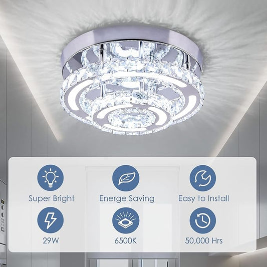 Modern Crystal Chandelier LED Flush Mount Ceiling Light Fixture 11.4" Round Small Crystal Ceiling Lights for Bedroom Kitchen Hallway (Cool White)