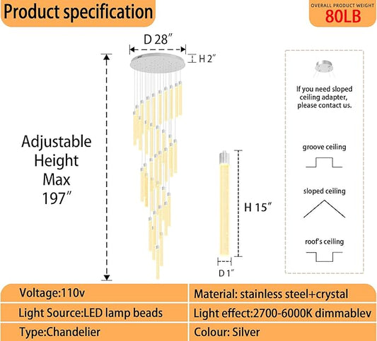 200'' Long Crystal Column Chandelier Silver 36-Lights Extra Large Staircase Chandeliers Dimmable LED Ceiling Lighting Foyer Entryway Light Source is Replaceable