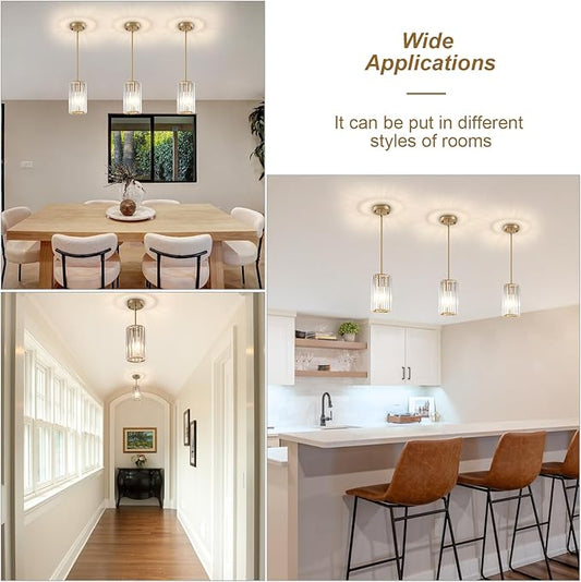 3 Pack Gold Modern Crystal Pendant Lights Hanging Light Fixtures, Gold Kitchen Island Pendant Lighting Fixtures Adjustable Modern Crystal Pendant Lights for Island Dining Room Hallway Bedroom