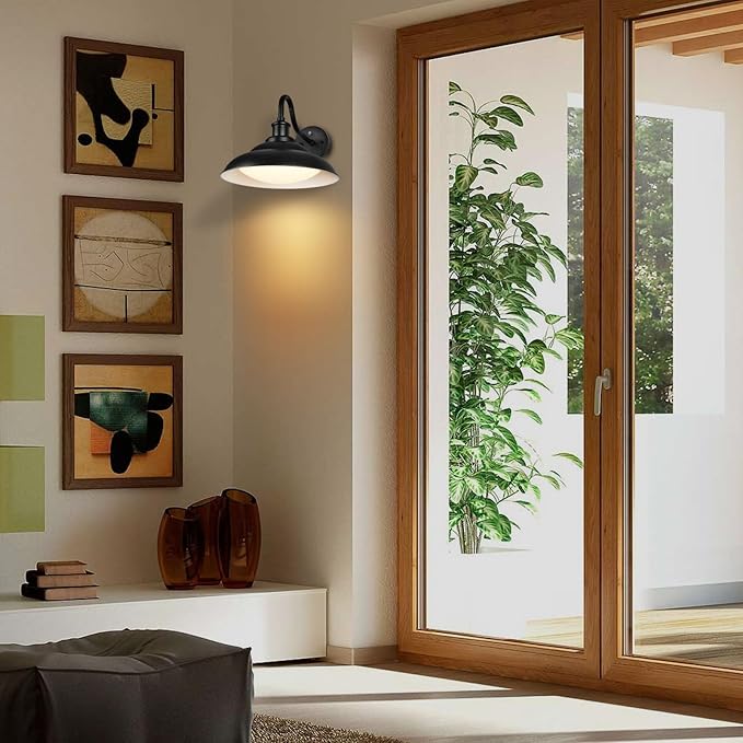 LED Outdoor Barn Lights, 12 Inch Farmhouse Exterior Wall Light Fixtures with Adjustable Color Temperature, Black Porch Lights Outside for House, Outdoor & Indoor, White Interior, 1 Pack