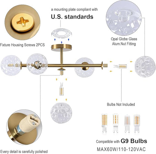 Gold Brass Globe Vanity Light - Vintage 5-Lights Wall Sconce - Sphere Round Lights Fixture with Hammered Clear Glass Shade - Mid Century Modern Sconces for Bathroom Bedroom Living Room Entryway Porch