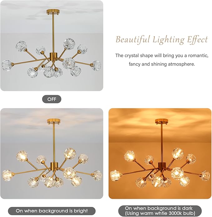 Weesalife Sputnik Chandeliers Modern Crystal Pendant Lighting Gold Chandelier 12 Lights Mid Century Ceiling Light Fixtures for Dining Room Kitchen Island Living Room Bedroom Bar