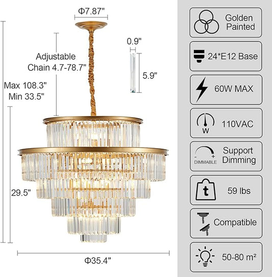 35" 24-Light Modern Crystal Chandelier Light Fixture Large 6-Tier Gold Luxury Chandeliers for Dining Room Round Hanging Pendant Lighting for Living Room Kitchen Entryway Bedroom Foyer Lobby