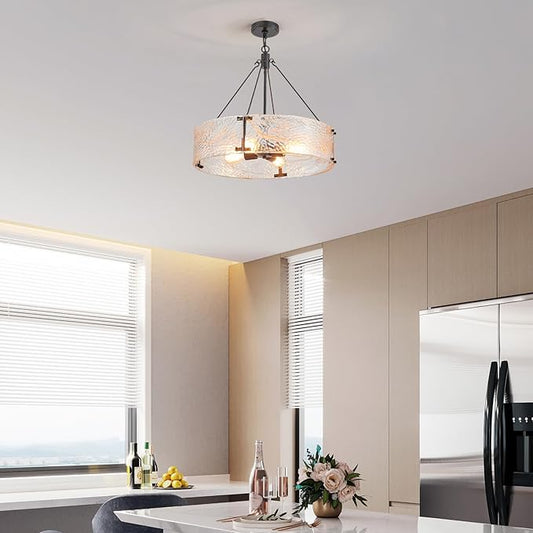 XINGQI 20.7" Black Glass Chandeliers Modern 4-Light Farmhouse Pendant Lighting Fixtures Elegant Round Chandeliers for Dining Room Kitchen Island Living Room Entryway