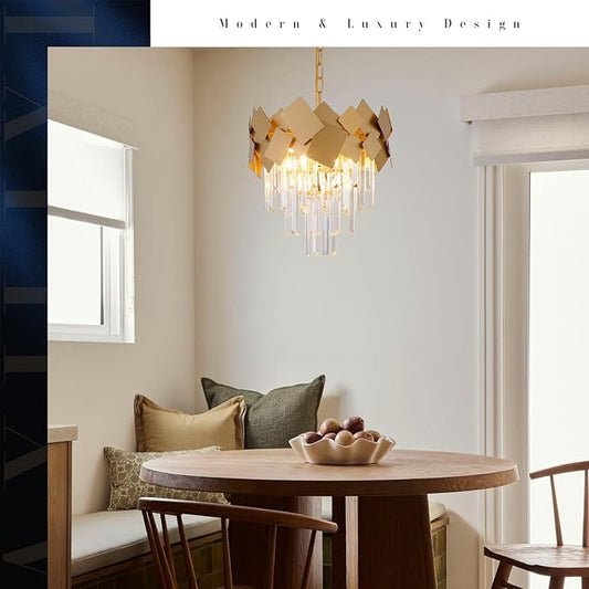 A AXILIXI Gold Crystal Chandeliers 16” Modern Ceiling Pendant Light Fixture for Dining Room Dimmable Small 3 Tiers Flush Mount Chandeliers Round for Foyer Kitchen Island Entryway Hallway