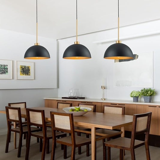 2 Pack Farmhouse Kitchen Island Pendant Lights, Black and Gold Dome Pendant Light Fixture with Metal Shade, Industrial Hanging Lighting for Dining Room Entryway Foyer, Height Adjustable