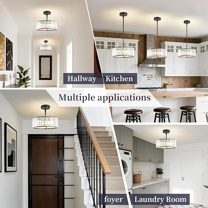 Black Crystal Chandelier for Dining Room,Modern Semi Flush Mount Ceiling Light Fixtures,3-Ligh Round Kitchen Hanging Drum Pendant Light Fixture for Hallway Entryway Foyer Laundry Room, 12''