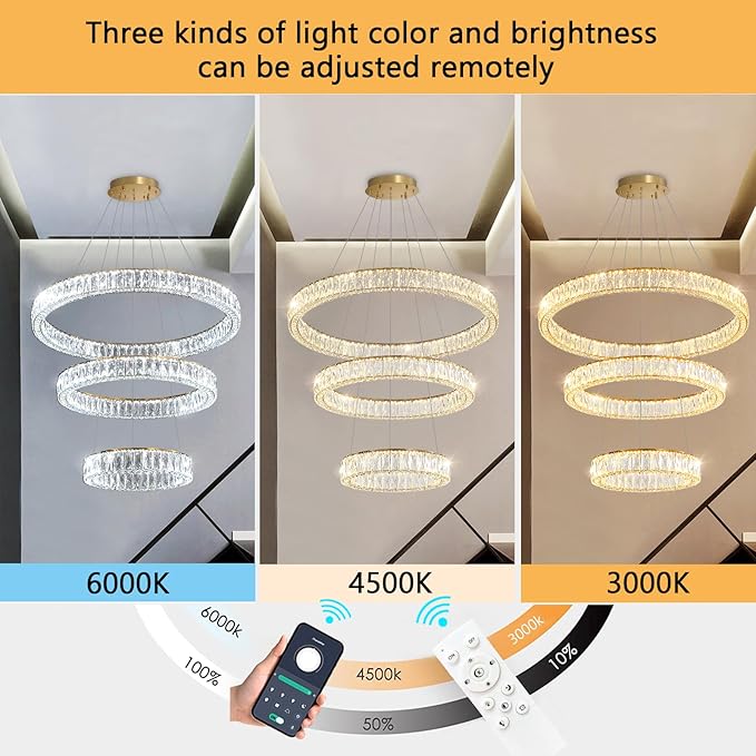 HAIXIANG Modern Glam Chandelier Crystal LED Remote Rings Chandelier Adjustable Hanging Ceilings Pendant Lights Fixture Gold 16"+24"+32" Rings Lighting