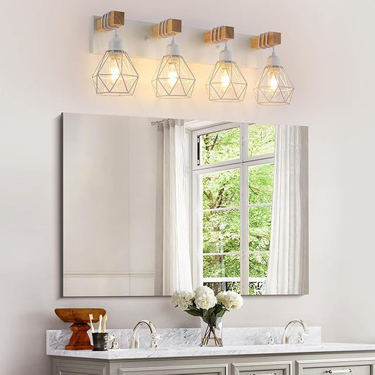 Farmhouse Vanity Light for Bathroom, 4-Light White Wood Bathroom Vanity Light Fixtures Over Mirror, Rustic Sconces Wall Lighting with Metal Lampshade for Living Room, Bedroom, Hallway