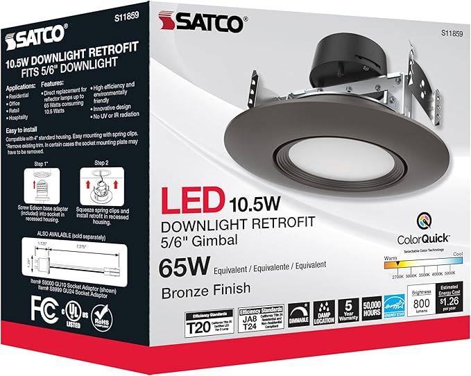 Satco LED Retrofit Gimbal Downlight, CCT Selectable 2700K/3000K/3500K/4000K/5000K, 5-6 Inches, Bronze Finish