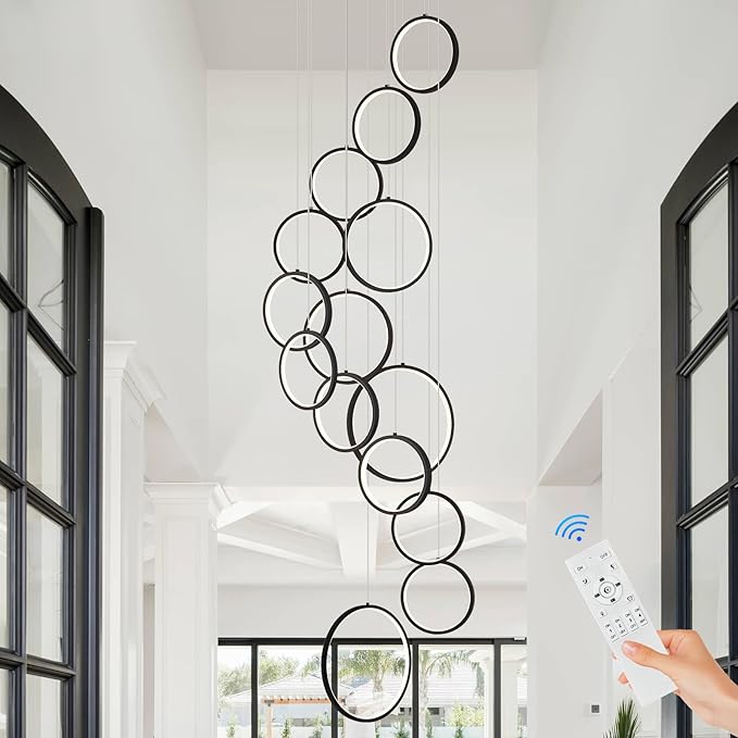 14 Rings Modern LED Chandelier for High Ceiling Dimmable Black Contemporary Foyer Long Chandelier for Entryway, Long Pendant Light Fixture Staircase Dining Living Room, 3000-6500K