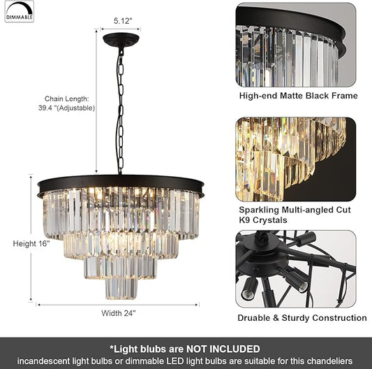 A AXILIXI Modern Crystal Chandeliers 24" Round Top K9 Crystals Chandelier Adjustable Ceiling Light Fixture 4-Tier K9 Crystal Pendant Lamp 12-Light for Dinning Room Living Room Foyer