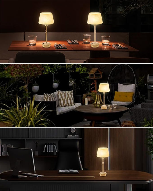 UMEXUS Small Cordless Lamp Rechargeable Table Lamps Set of 2, Dimmable Battery Operated Lights, Portable Accent Light for Side Table Restaurant Dining Outdoor, Beige Fabric Shade, Antique Brass
