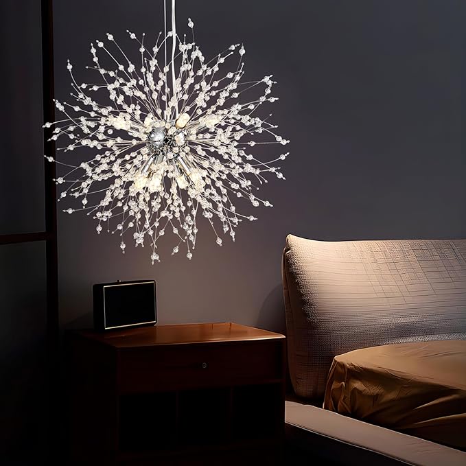 SineRise Modern Crystal Chandeliers Firework, Crystal Light Fixture, Dandelion Chandelier (8-Light, Chrome) for Foyer Hallway Entryway Kitchen Bedroom (Bulbs Not Included)
