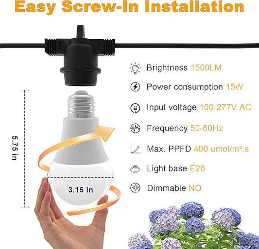 LED Grow Light Bulbs on a 22 ft Rainproof String, 90W Waterproof Full Spectrum Hanging Plant Growing Lamps, E26 Base for Backyard, Garden, Farm (6 Lights)