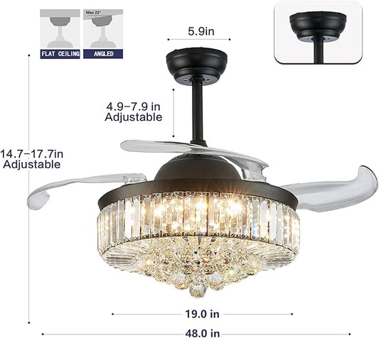 DuMaiWay 48" Dimmable Crystal Ceiling Fan Chandelier with Remote 6 Speeds, 4 Blades Retractable Fans for Bedroom Living Room Dining Room-Black