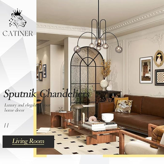 CATINER Black Chandelier Modern 6 Lights Sputnik Chandelier Large L40” Mid Century Ceiling Pendant Light Fixtures with Smoke Glass Globe Shades for Living Dining Room Foyer Bedroom
