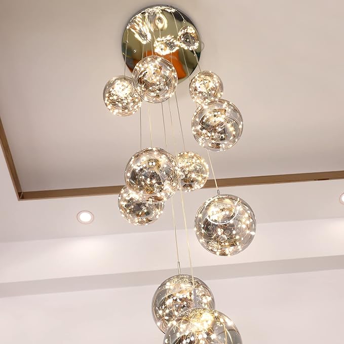 10-Light LED Staircase Chandelier Crystal Ceiling Lights Large Chandeliers for High Ceilings, Entryway Modern Lighting Fixture Villas and Stairs, Adjustable Length 16" W x79 H,50W -Grey