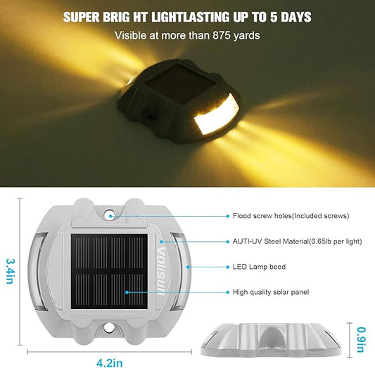 VOLISUN Solar Deck Lights Driveway Dock Lights, 4-Pack Led IP68 Waterproof Outdoor Warning Step Light for Driveway Sidewalk Garden Pathway Yard(Warm White)