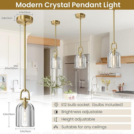 2 PCS of K9 Crystal Pendant Light with Brass Rod,5.1" Dimmable Contemporary Cylinder Light Above Dining Table,Modern Ceiling Hanging Lighting for Bedroom E12 Bulbs Included