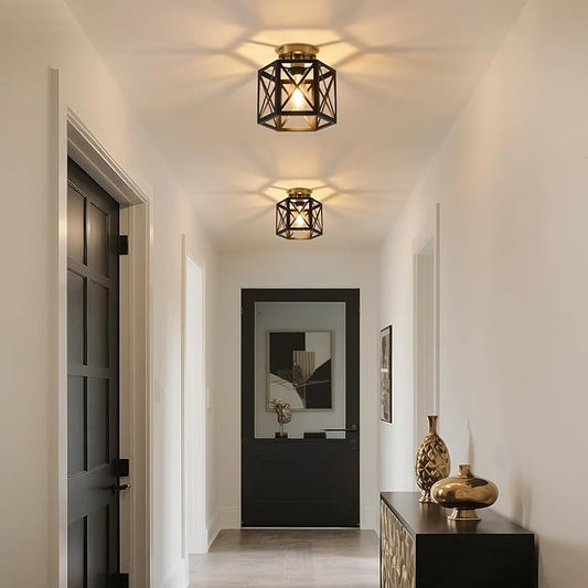 XSDeTu Black Gold Flush Mount Ceiling Light Fixtures, Farmhouse Ceiling Lights with Hexagonal Metal Cage, Modern Close to Ceiling Lamp, Small Chandelier for Kitchen Hallway Porch Bedroom, 2 Pack