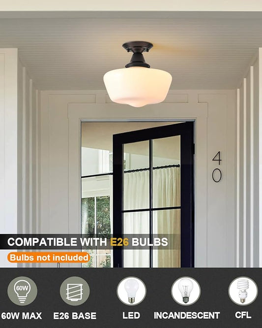 Schoolhouse Light Fixture, 12 Inch Black Finish with Milk Glass Semi Flush Mount Ceiling Light, Ceiling Light Fixture for Kitchen Hallway Entryway