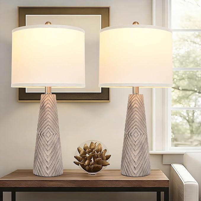 Terpsichore Nightstand Lamp Bedside Lamps Set of 2 Vintage Rustic Farmhouse Table Lamp 3 Way Dimmable Horizontal Stripe Light,for Living Room Bedroom,USB A+C (Gray, Hing 24 in)