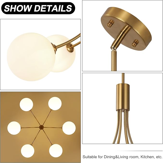 CNRATYE 6-Light Modern Farmhouse Gold Chandeliers for Dining Room Light Fixture, Mid Century Hanging Sputnik Chandelier for Living Room Kitchen Island Bedroom Foyer, Milk White Globe Glass Shade