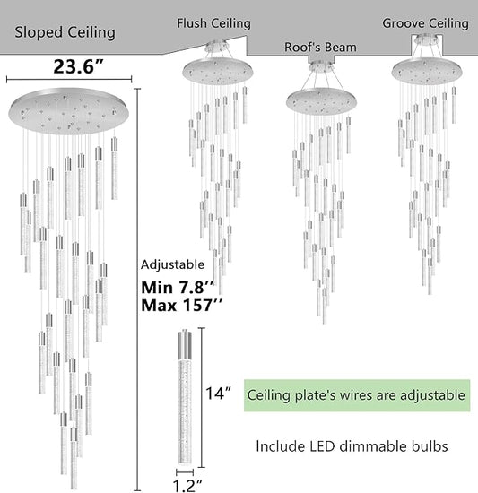 HAIXIANG W24 x H157 Glam Chandelier Bubble Crystal Ceiling Chandeliers Remote Dimmable LED Light High Ceiling Pendants Light Fixtures Adjustable Long Lights 24-Lights Silver Lamp