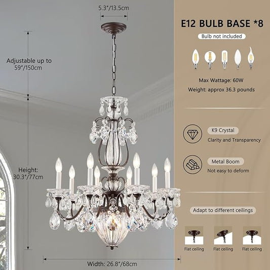 Crystal Chandelier for Dining Room, 8-Light Vintage Brown Chandelier, Pendant Ceiling Light Fixture for Living Room Hallway Entryway Foyer Staircase 30.3" H x 26.8" D