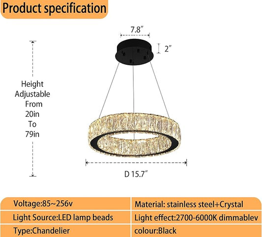 Modern LED Dimmable Crystal Chandelier 15.7in Black Ring Pendant Light Adjustable Round Crystal Chandelier Light for Dining Room Living Room