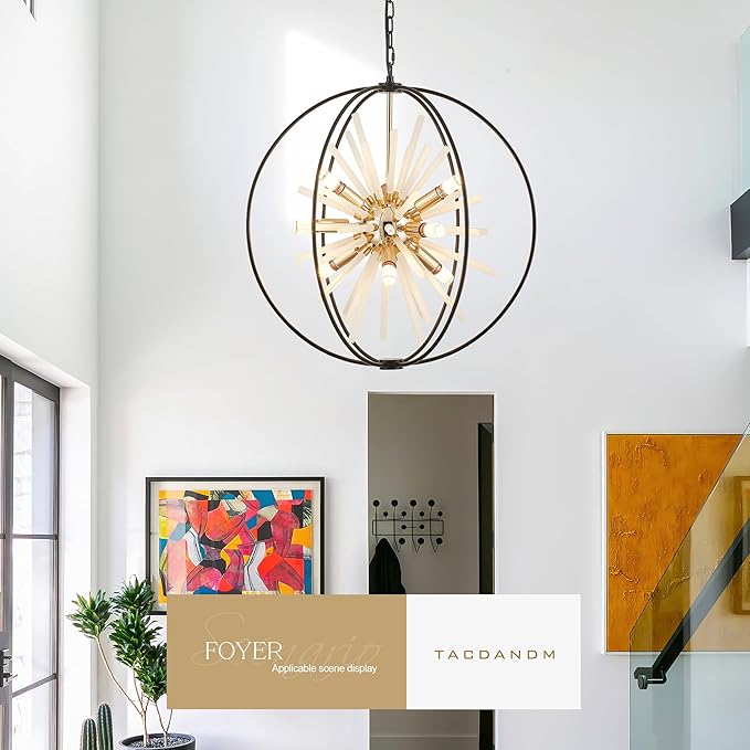 23.6" Black Gold 9-Light Globe Sputnik Chandelier Modern Firework Hanging Ceiling Glass Tube Pendant Light Fixture for Entryway Foyer Staircase Dining Living Room Hallway