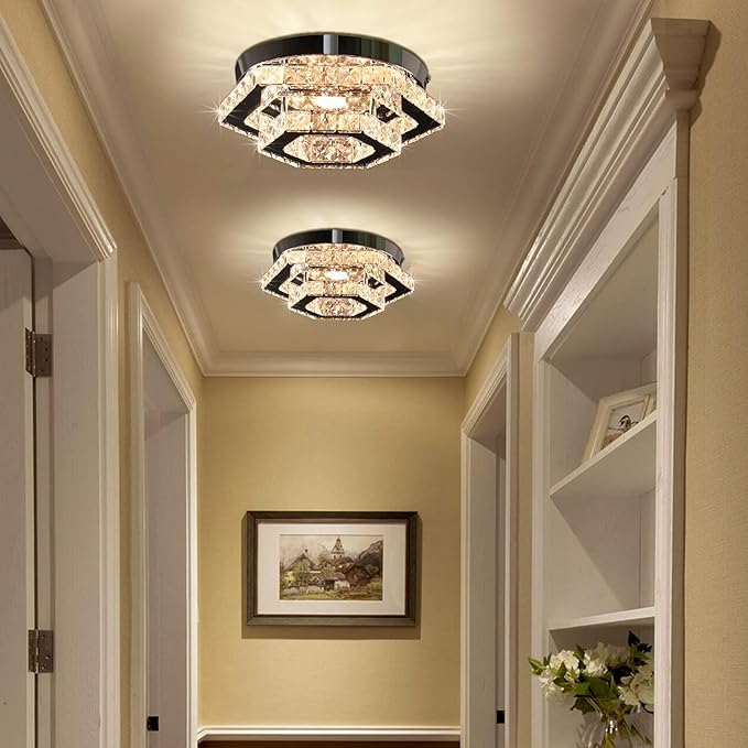 Modern Chandelier Crystal Flush Mount Ceiling Light LED Pendant Lamp Dimmable Chandelier for Dining Room Living Room Bedroom Kitchen Hallway(Remote Control)