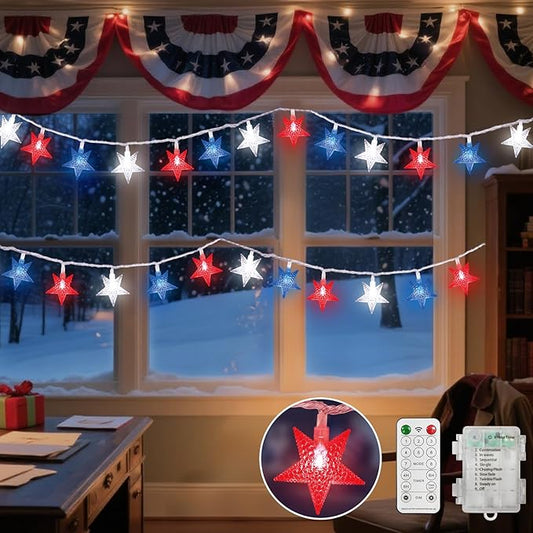 LAMPHOME Red White Blue Star LED String Lights, 16ft 50 LED Star Fairy Lights with Clear Wire, 3AA Waterproof 8 Modes & Remote, Decorative Lights for 4th of July Patriotic Christmas Easter Tree Party