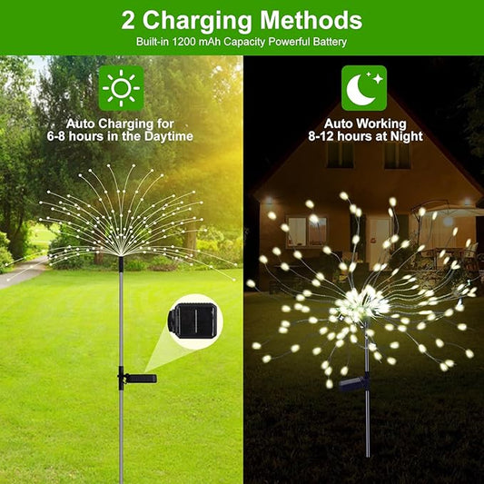 PXBNIUYA 2 Pack Solar Firework Lights Outdoor, 175 LED Garden Lights with 2 Modes, Waterproof DIY Copper Wire Solar Starburst Light for Yard Wedding Patio Halloween Christmas Decor(Warm White)