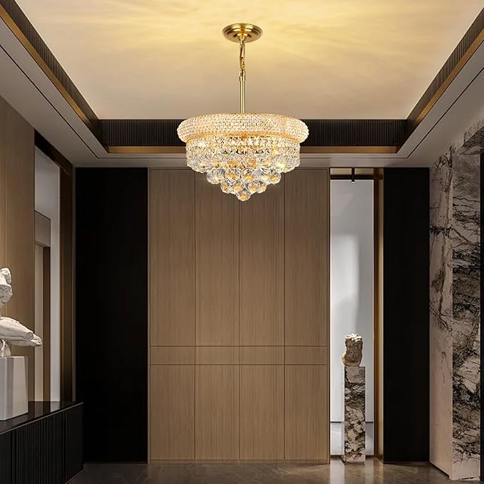 Crystal Chandeliers for Dining Room Light Fixture Over Table, Empire Style K9 Crystal Chandeliers for Bedroom, 4 Lights Gold Luxury Lighting Fixtures for Entryway Kitchen Island Foyer D15 Inch