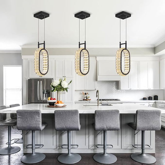 Kitchen Island Mini Light Fixture Modern Led Crystal Pendant Light Black Oval Chandelier for Dining Room Living Room Kitchen Bedroom Bar(1-Pack)