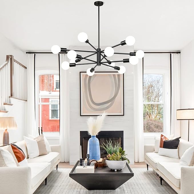 33" Modern Chandelier Ceiling Light Fixture, 12-Light Sputnik Chandeliers Matte Black Mid Century Chandelier Over Table, Height Adjustable Chandeliers for Dining Room Living Room (Bulbs Not Included)