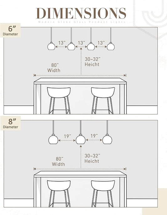 Globe Pendant Light Fixture, Modern Brushed Nickel Hanging Light with Clear Glass for Kitchen Island Dining Room Bedroom Hallway Foyer (1 Pack), PL101BN-2PK