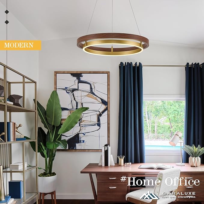 LED Ring Chandelier Dimmable Gold Chandelier Round Foyer Chandeliers Light Mahogany Wood Printed Circular Chandeliers for Dining Room Entry Bedroom Office Living Room, 24in