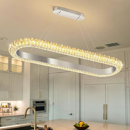40'' Oval Ring Crystal Chandelier Modern LED Dimmable Ring Pendant Light Chandelier for Dining Room Living Room Silver