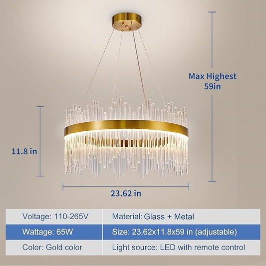 Depuley 23.6" Modern Crystal Chandeliers: Dimmable LED Gold Chandeliers Light Fixture with Remote Control - 3 Colors Contemporary Pendant Ceiling Light for Dining Living Room Kitchen Island Foyer