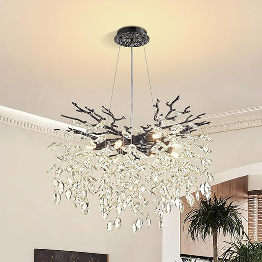 Modern Tree Branch Crystal Chandelier 23.6" Black Luxury Large Pendant Lighting 8-Light Contemporary K9 Crystal Chandeliers for Dining Room Kitchen Living Room Foyer Entryway (Black, D23.6"-Round)