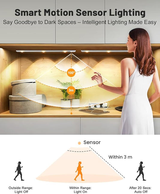 Pak Under Cabinet Lights, Rechargeable Motion Sensor Light Indoor, Wireless and 3-Color Dimmable with Cat’s Eye Hill Effect, for Display Cabinets, Showcases, Wine Racks, 2 Pack, Silver